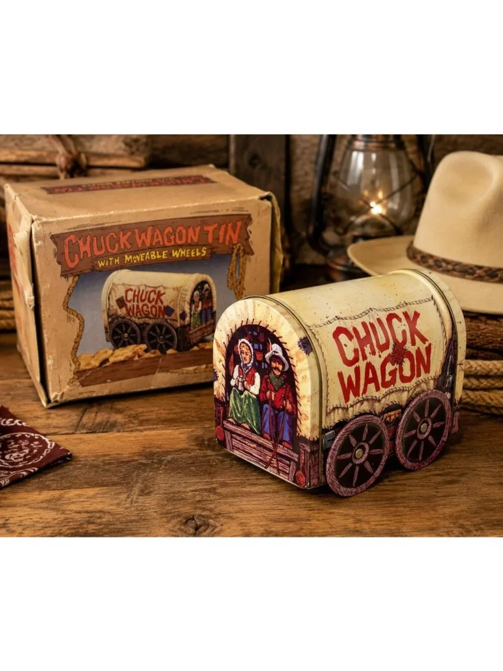 Vintage Giftco Chuck Wagon Tin With Moveable Wheels Western Covered Wagon Candy